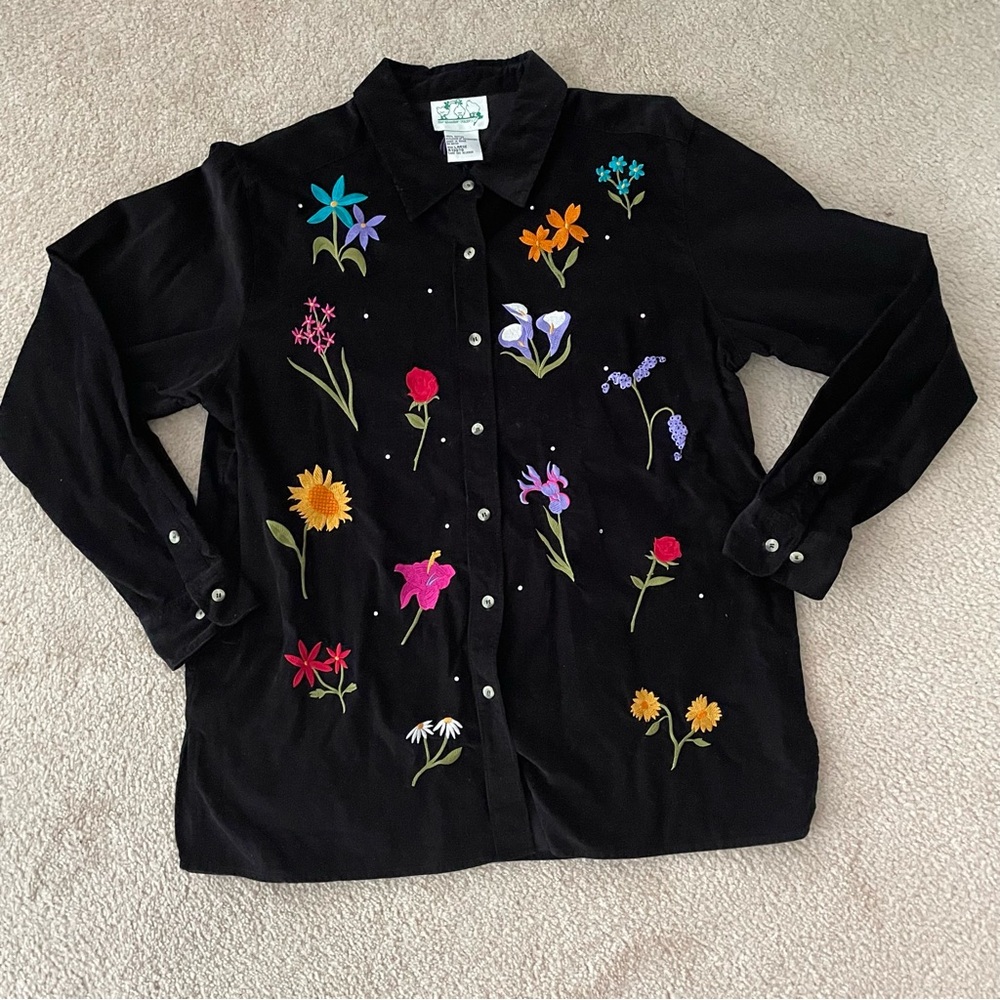 VTG Quacker Factory Black Embroidered Floral Button Up Corduroy Shirt L
